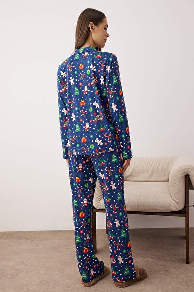 Trendyol Collection Μπλε Navy 100% βαμβακερό χριστουγεννιάτικο πλεκτό σετ πιτζάμες THMAW24PT00052