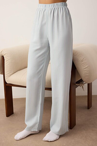 Trendyol Collection Set de pijamale cu dungi albastre deschise cu volane și panglică - THMAW25PT00094