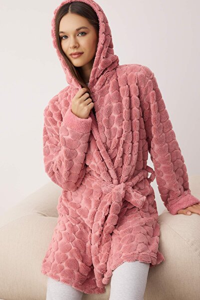 Trendyol Collection Rózsaszín öves szív polár téli kötött pongyola THMAW24SB00002