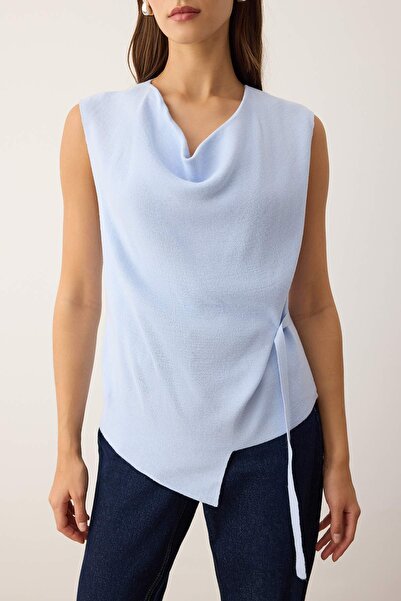 Trendyol Collection Light Blue Mercerized Look Asymmetric Degaje Collar Knitwear Thin Blouse Twoaw26Bz00001