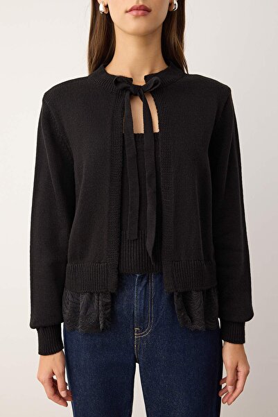 Trendyol Collection Black 2-Piece Skirt Edge Lace Garnish Knitwear Cardigan-Blouse Knitwear Cardigan Twoaw26Hi00019