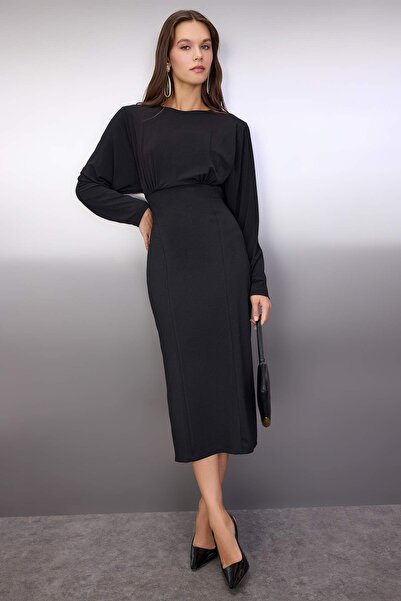 Trendyol Collection Black Straight Top Draped Bodycon Midi Knitted Dress Twoaw26El00200
