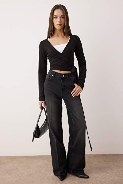 Trendyol Collection Black-White 2-Pack Body Fitting Stretchy Knitted Blouse with Tie-Up Detail Twoaw26Bz00102