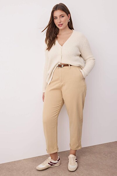 Trendyol Curve Beige High Waist Belted Mom Fit Denim Plus Size Jeans Tbbaw26Cj00026