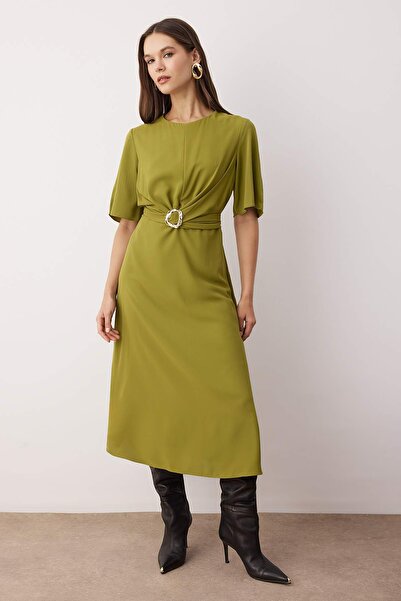 Trendyol Collection Oil Green Midi Woven Dress with Flat Accessory Detail Twoaw26El00067