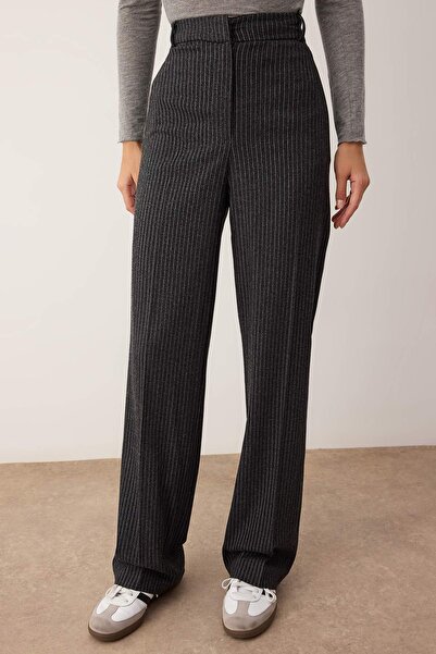 Trendyol Collection Anthracite Winter Buttoned Striped Wide Leg/Wide Leg Back Elastic Fabric Pants Twoaw26Pl00088