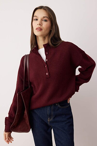 Trendyol Collection Burgundy Wardrobe Essentials Soft Textured Wide Fit Knitwear Sweater Twoaw26Kz00074