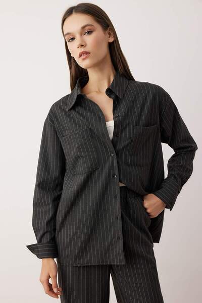Trendyol Collection Anthracite Striped Shirt Pants Woven Woven Bottom - Top Set Twoaw26Au00074
