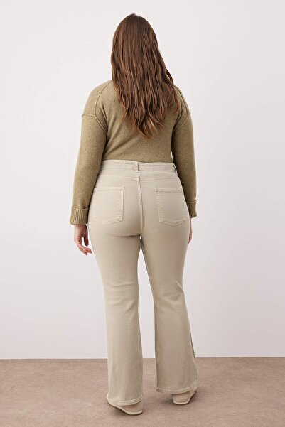 Trendyol Curve Beige High Waist Stretch Fabric Spanish Leg Flare Fit Plus Size Jeans Tbbaw23Je00001