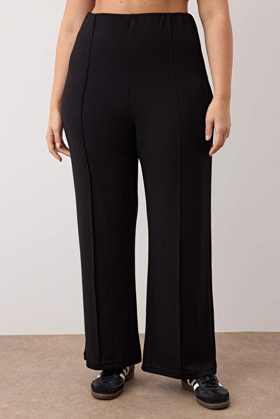 Trendyol Curve Μαύρο παντελόνι με λεπτομέρεια με ραβδώσεις, φαρδύ πόδι/φαρδύ πόδι, μεγάλο μέγεθος TBBAW26AJ00005