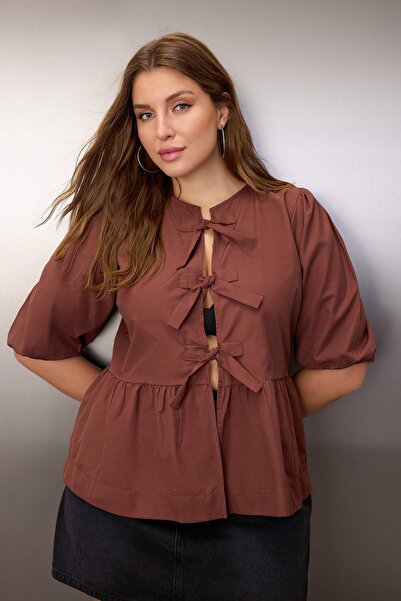 Trendyol Curve Brown Bow Woven Plus Size Blouse Tbbaw25Af00021