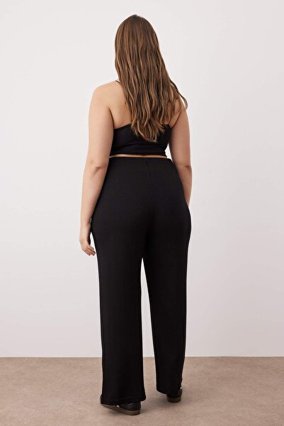 Trendyol Curve Μαύρο παντελόνι με λεπτομέρεια με ραβδώσεις, φαρδύ πόδι/φαρδύ πόδι, μεγάλο μέγεθος TBBAW26AJ00005