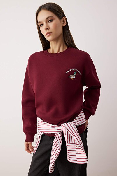 Trendyol Collection Bordo*001 Pletená mikina s výšivkou zvířat, klasický střih, silný fleece uvnitř, TWOAW24SW00196