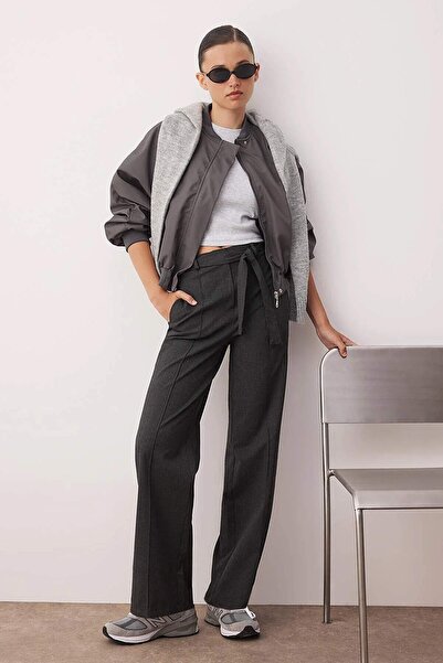 Trendyol Collection Anthracite Belted Straight/Straight Cut Ribbed Fabric Pants Twoaw26Pl00047