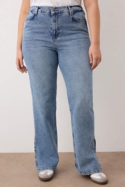 Trendyol Curve Blugi albastru cu talie înaltă, cu fermoar, cu talie elastică, cu detaliu de fermoar, mărime mare TBBAW26CJ00009