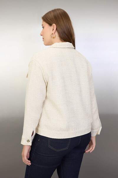 Trendyol Curve Ecru Plus Size Glitter Tweed Lined Woven Jacket Tbbaw26Ag00016