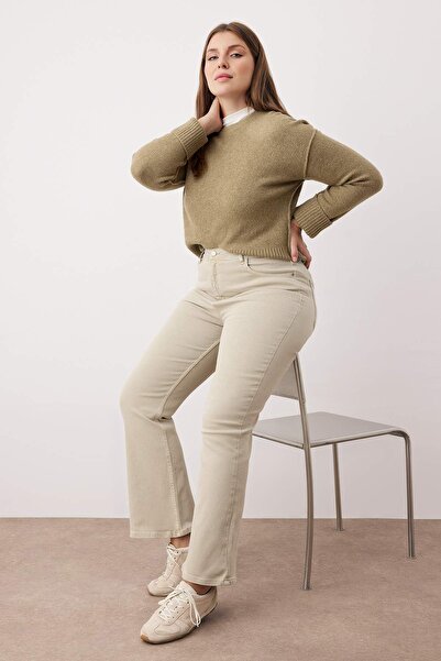 Trendyol Curve Beige High Waist Stretch Fabric Spanish Leg Flare Fit Plus Size Jeans Tbbaw23Je00001