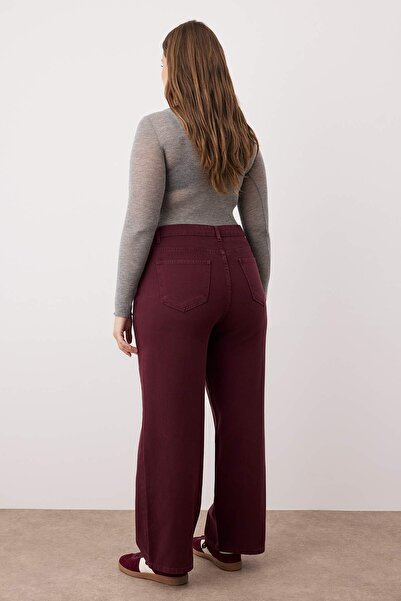 Trendyol Curve Burgundy High Waist Wide Leg Plus Size Wide Leg Jeans Tbbss24Cj00050