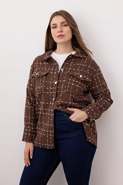 Trendyol Curve Καφέ Tweed μακρυμάνικο χειμερινό υφαντό πουκάμισο/τζάκετ μεγάλου μεγέθους TBBAW23AX00009