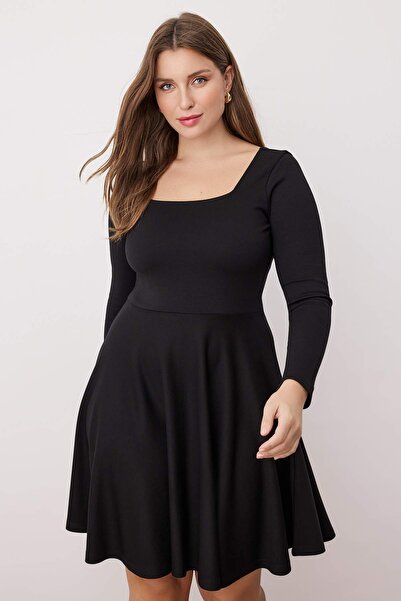 Trendyol Curve Black Square Collar Skater Mini Knitted Plus Size Dress Tbbaw26Ah00058