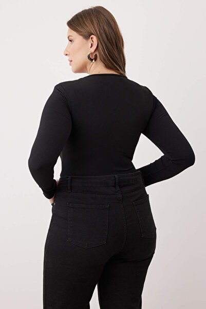Trendyol Curve Black Bottom Snap Fastener Knitted Plus Size Bodysuit Tbbaw26Cs00004