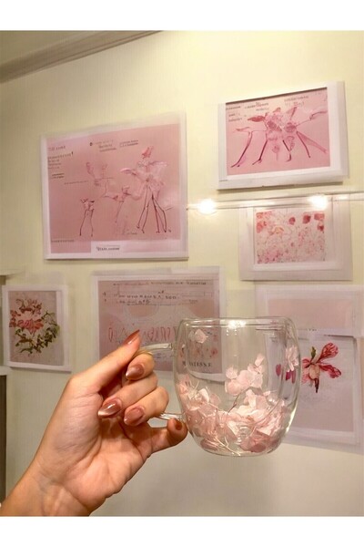 Se Promo Double Layer Glass Mug - Transparent Cup with Pink Flowers, Heat Resistant Gift Cup, Double Walled