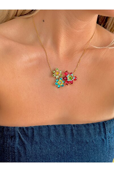 YOUES JEWELRY Idyllia Kolye Yeşil Pembe Mavi Çiçek Kolye Gold