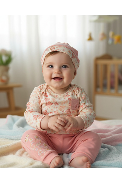 Miniworld Erkek-Kız Bebek Omuz Genişletmeli Çıtçıtlı Body Pijama Bere Takımı, %100 Pamuk , Modern Tasarım