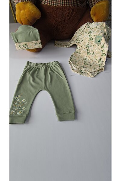 Miniworld Erkek-Kız Bebek Omuz Genişletmeli Çıtçıtlı Body Pijama Bere Takımı, %100 Pamuk , Modern Tasarım