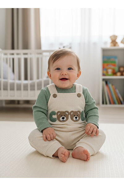 Lindakids Önü Nakışlı Ahşap Düğmeli % 100 Organik Pamuk Bebek Salopet Takım