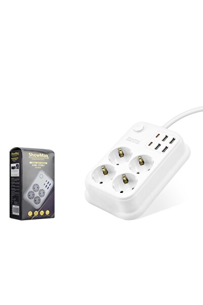 ShowMax Sh4629 Termal Akım Korumalı Uzatma Kablosu 4*Priz + 4*Usb + 2*Type-C + Anahtar 2M Beyaz