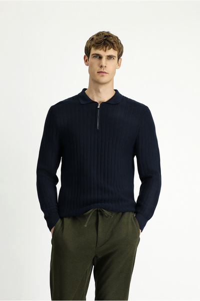 Kiğılı Regular Fit Dobby Zippered Polo Neck Cotton Knitwear Sweater
