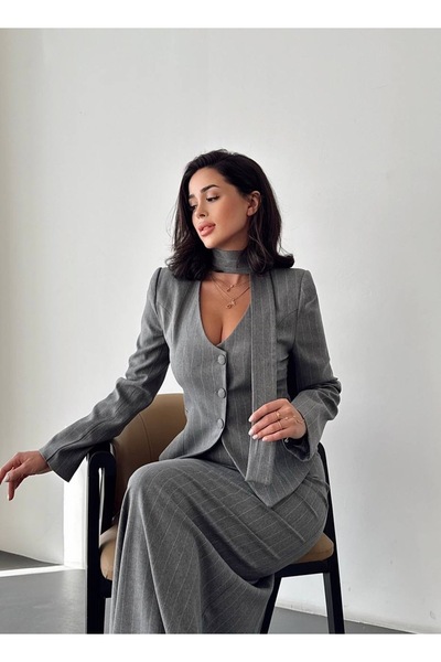 Nesil Striped Padded Lined Jacket with Neck Accessory and Skirt Women's Special Occasion Casual Two-Piece Set