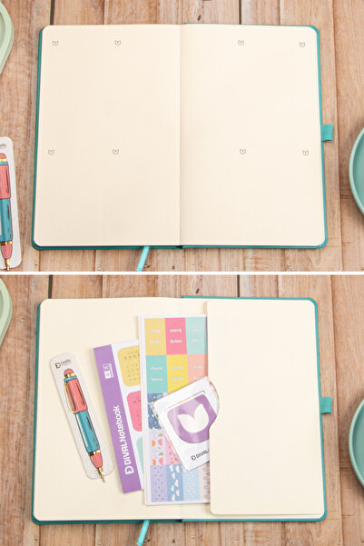 DİVAL 13X21 cm Turquoise Leather Hard Cover Dotted Undated Stitched Note School Notebook