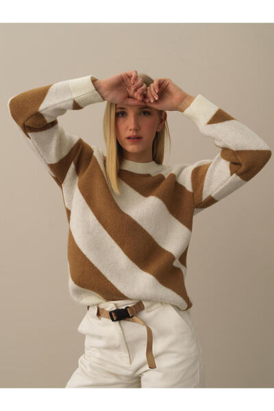 Xint Kadın Camel Lüks Pamuk Dokulu Oversize Kazak