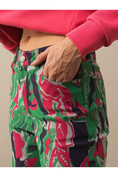 Xint Kadın Yeşil Regular Fit Pano Baskı Pantolon