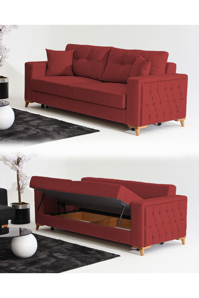 Velura Home & Living Nola Üçlü Kanepe & Bazalı Yataklı Koltuk - Keten Bordo