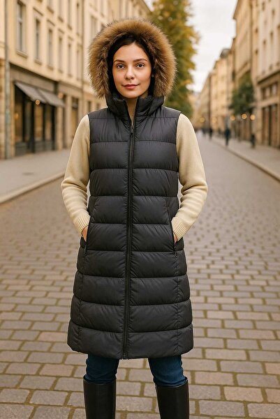 MODA Hooded Fur Women's Puffer Vest,Hooded Take Off Fur Puffer Vest.Women's Puffer Vest