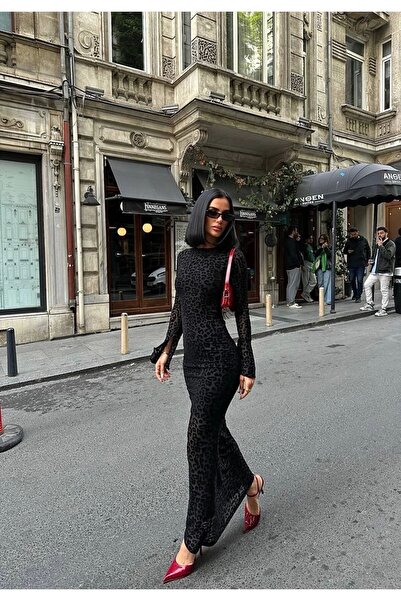 VİSKALİ Kadın Flok Baskılı Sırt Dekolteli Uzun Kollu Maxi Boy Siyah Elbise
