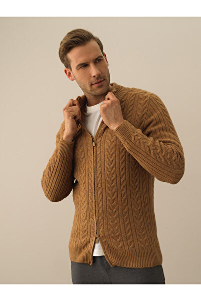 Xint Erkek Camel Regular Fit Örgülü Hırka