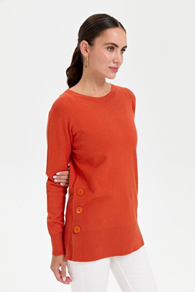 Desen Triko Zero Collar and Button Glitter Seamless Blouse - Women's Orange
