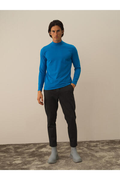 Xint Erkek Mavi Modal Dokulu Slim Fit Uzun Kollu Tişört