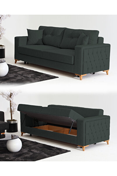 Velura Home & Living Nola Üçlü Kanepe & Bazalı Yataklı Koltuk - Keten Koyu Yeşil