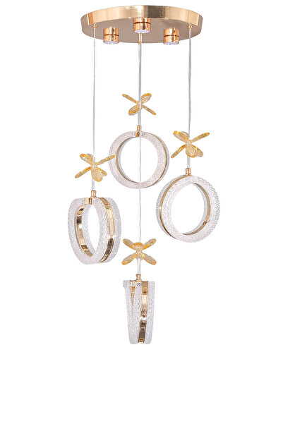 Fer Avize Ecrin 4lü Modern Led Avize Gold Renk Kristal Görünüm Gün Işığı Enerji Tasarruflu Salon Yemek Odası