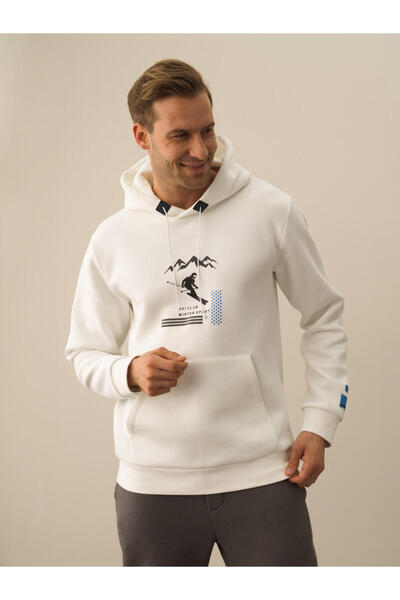 Xint Erkek Kbeyaz Pamuklu Kapüşonlu Regular Fit Sweatshirt