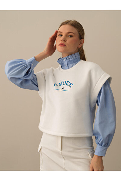 Xint Kadın Kırık Beyaz Pamuk Dokulu Oversize Sweatshirt