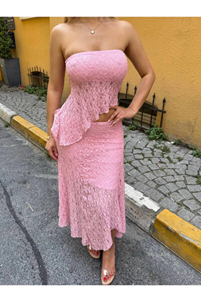 VİSKALİ Asimetrik Astarlı Dantel Pembe Etekli Takım
