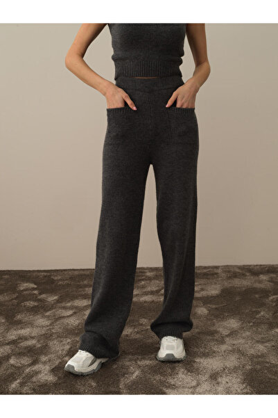 Xint Kadın Koyu Gri Lüks Pamuk Dokulu Regular Fit Pantolon