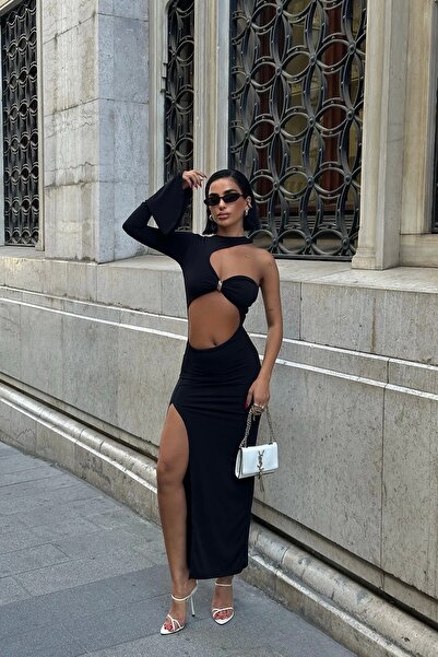 VİSKALİ Kadın Tek Kol Cut Out Tokalı Yırtmaçlı Tek Kol Maxi Elbise – Siyah