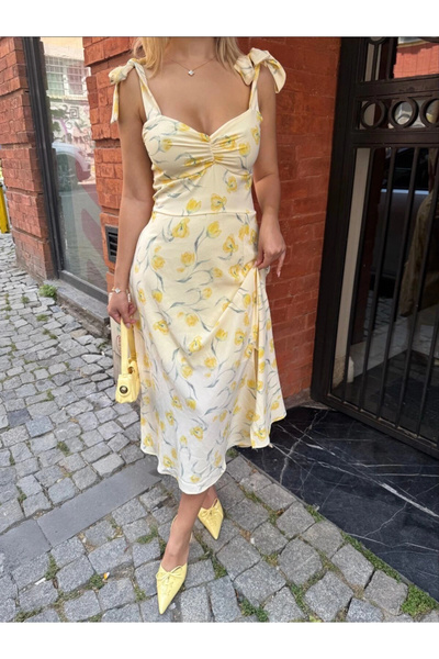 VİSKALİ Çiçek Desenli Astarlı Omuz Bağlamalı Sarı Büzgü Detaylı Elbise